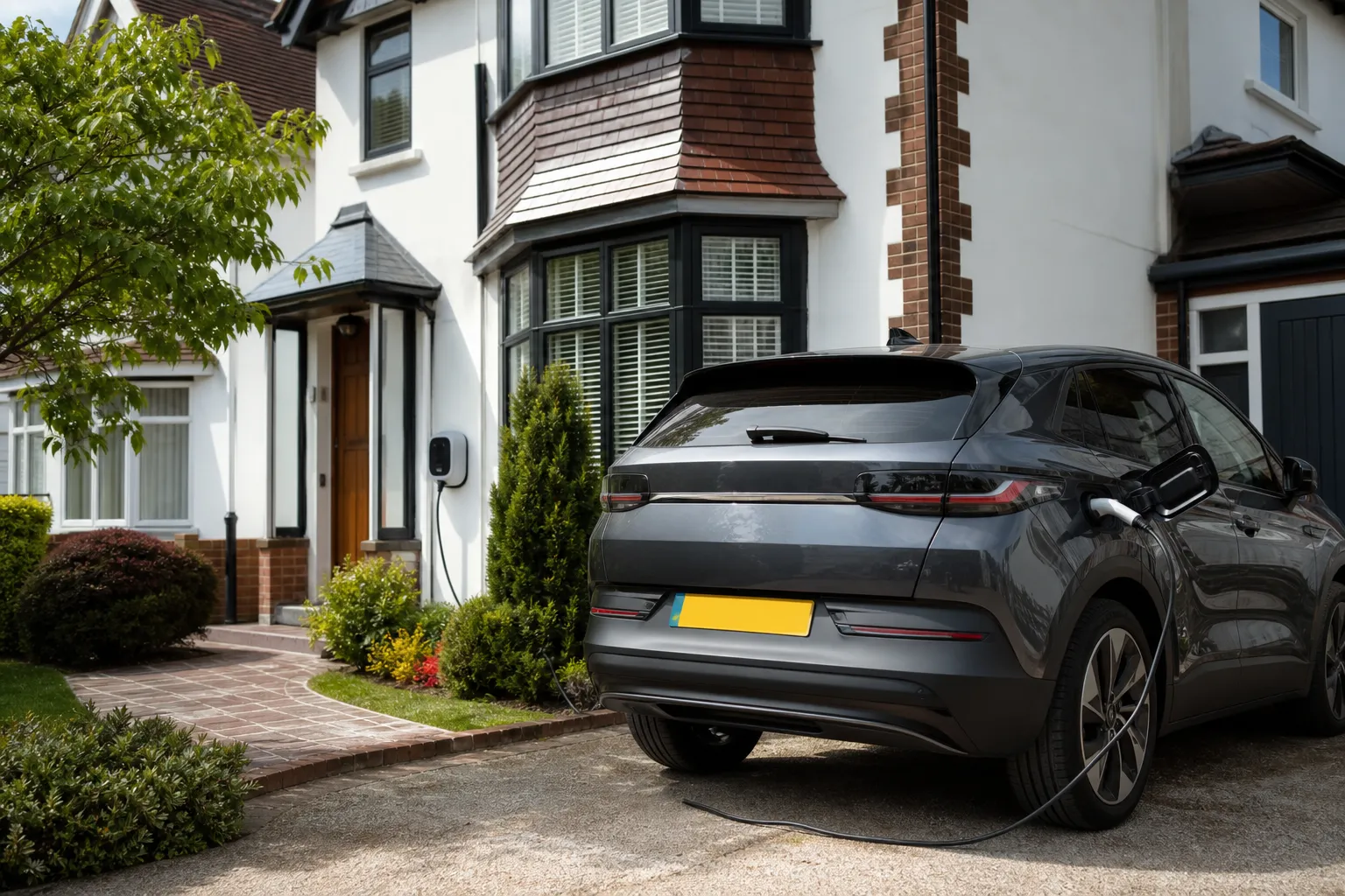 electric car charging on a driveway