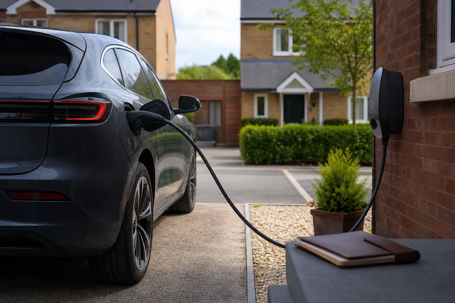electric car charging on a driveway