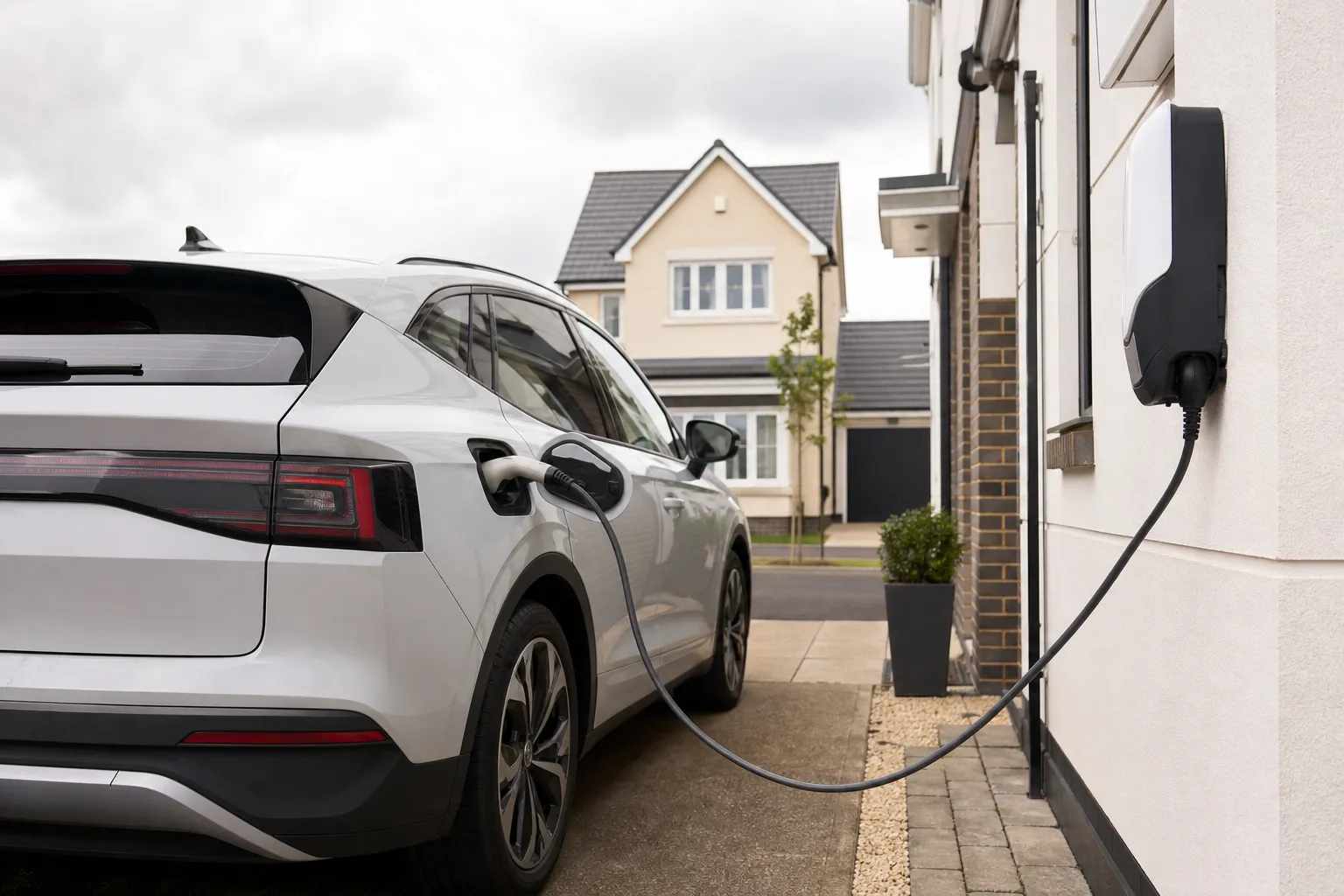 electric car charging on a driveway