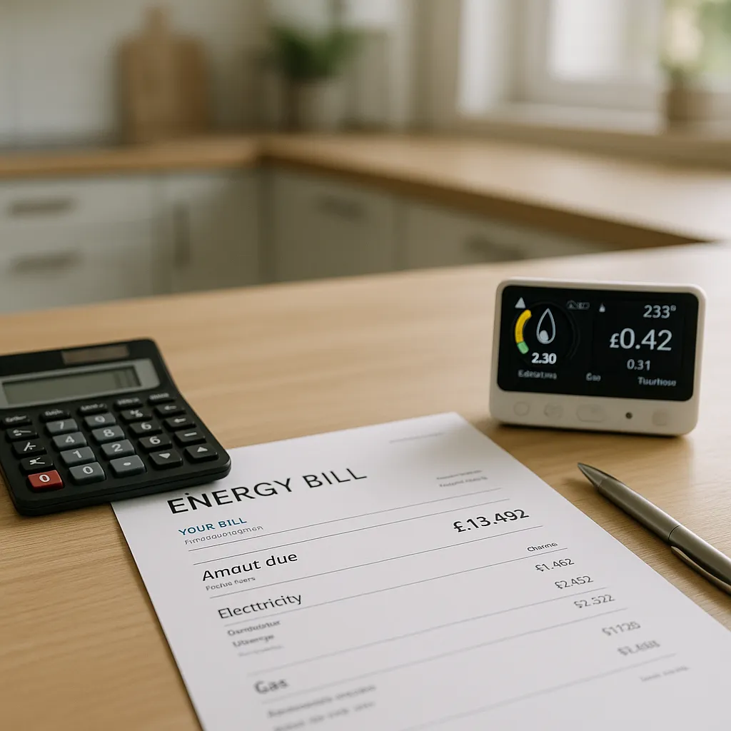 energy bill calculator and smart meter on a kitchen table
