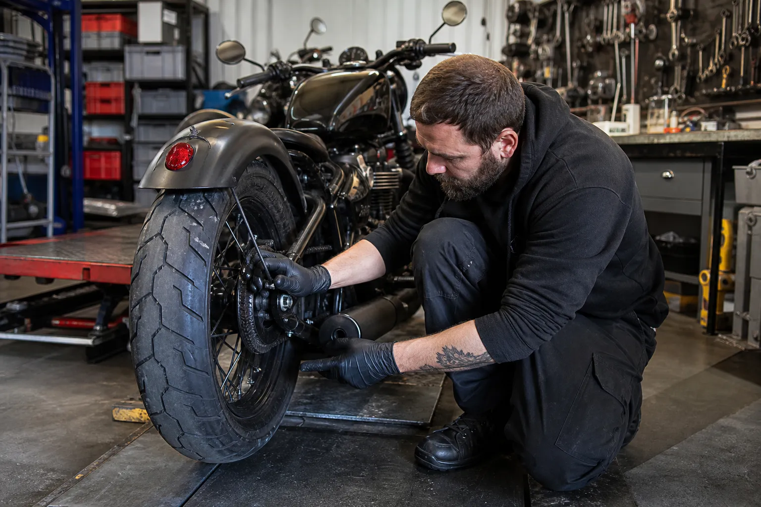 mechanic checking motorcycle tyre