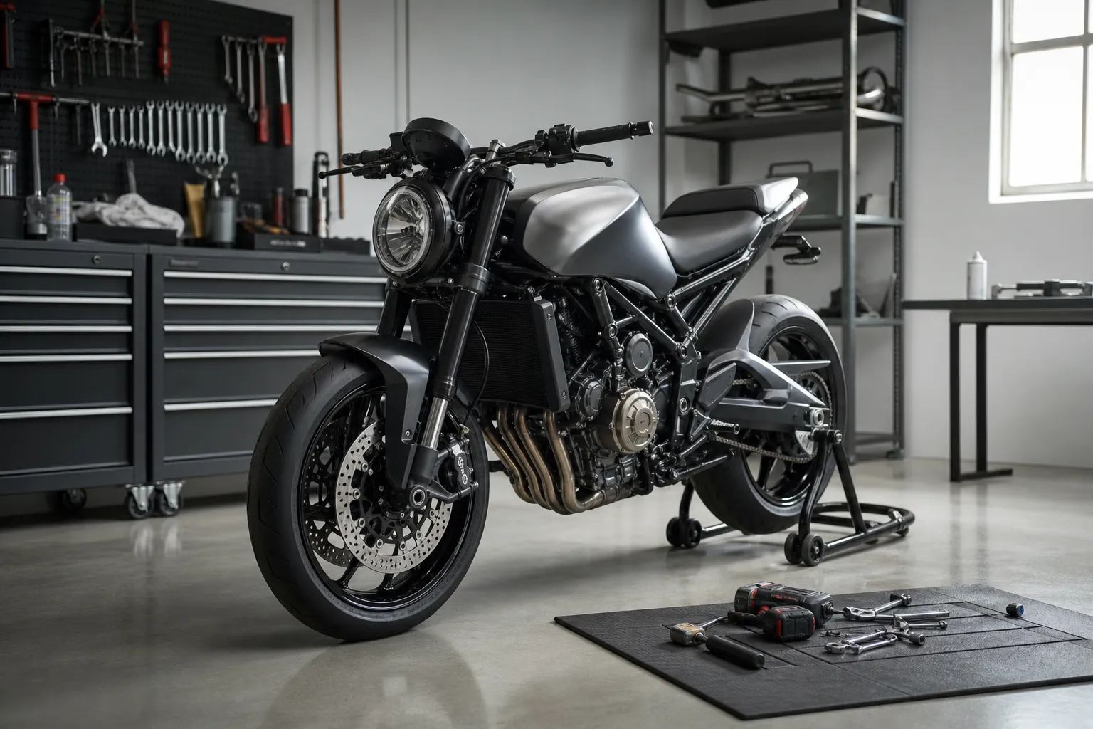 motorcycle in garage workshop