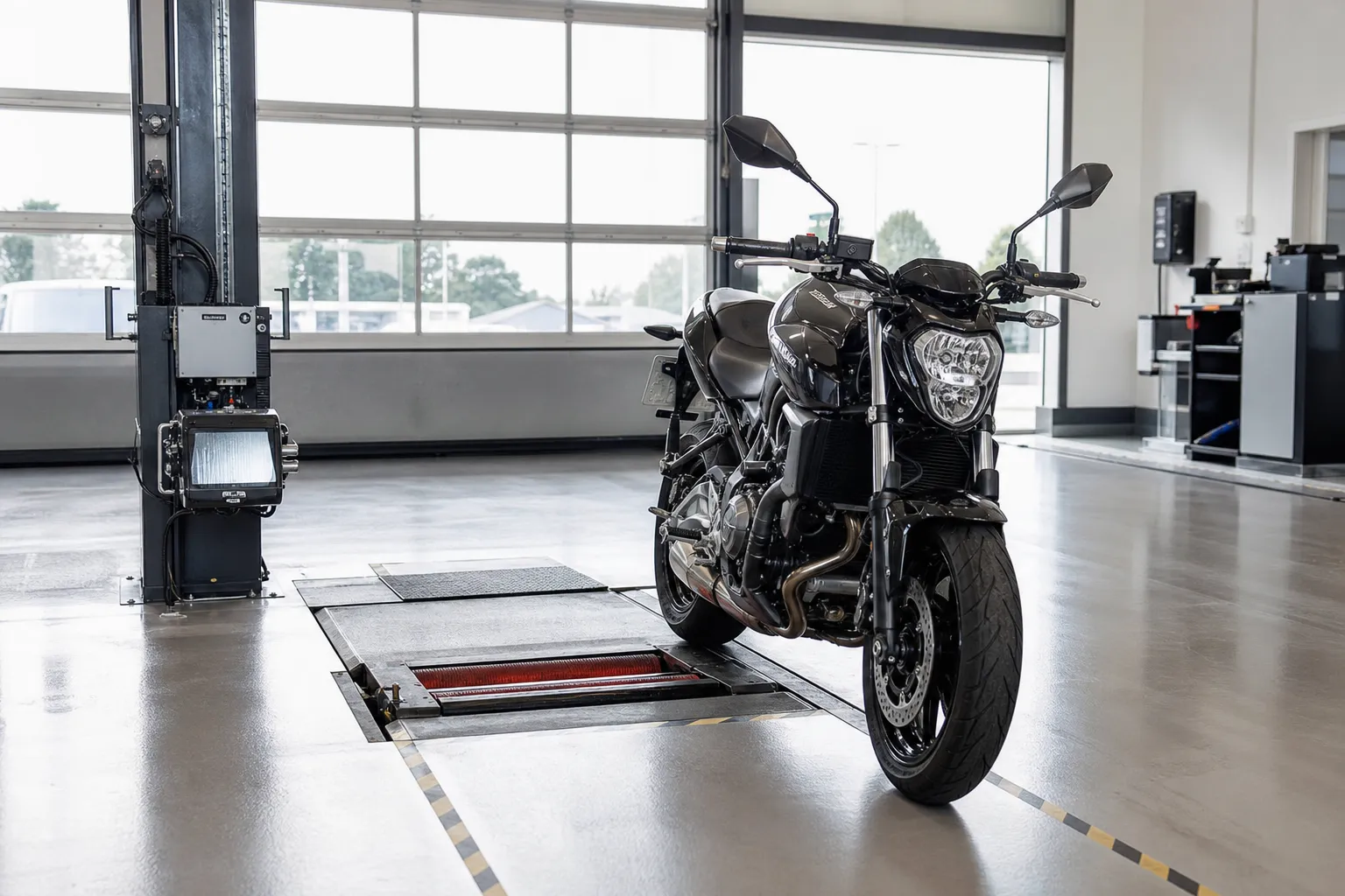 motorcycle in inspection bay