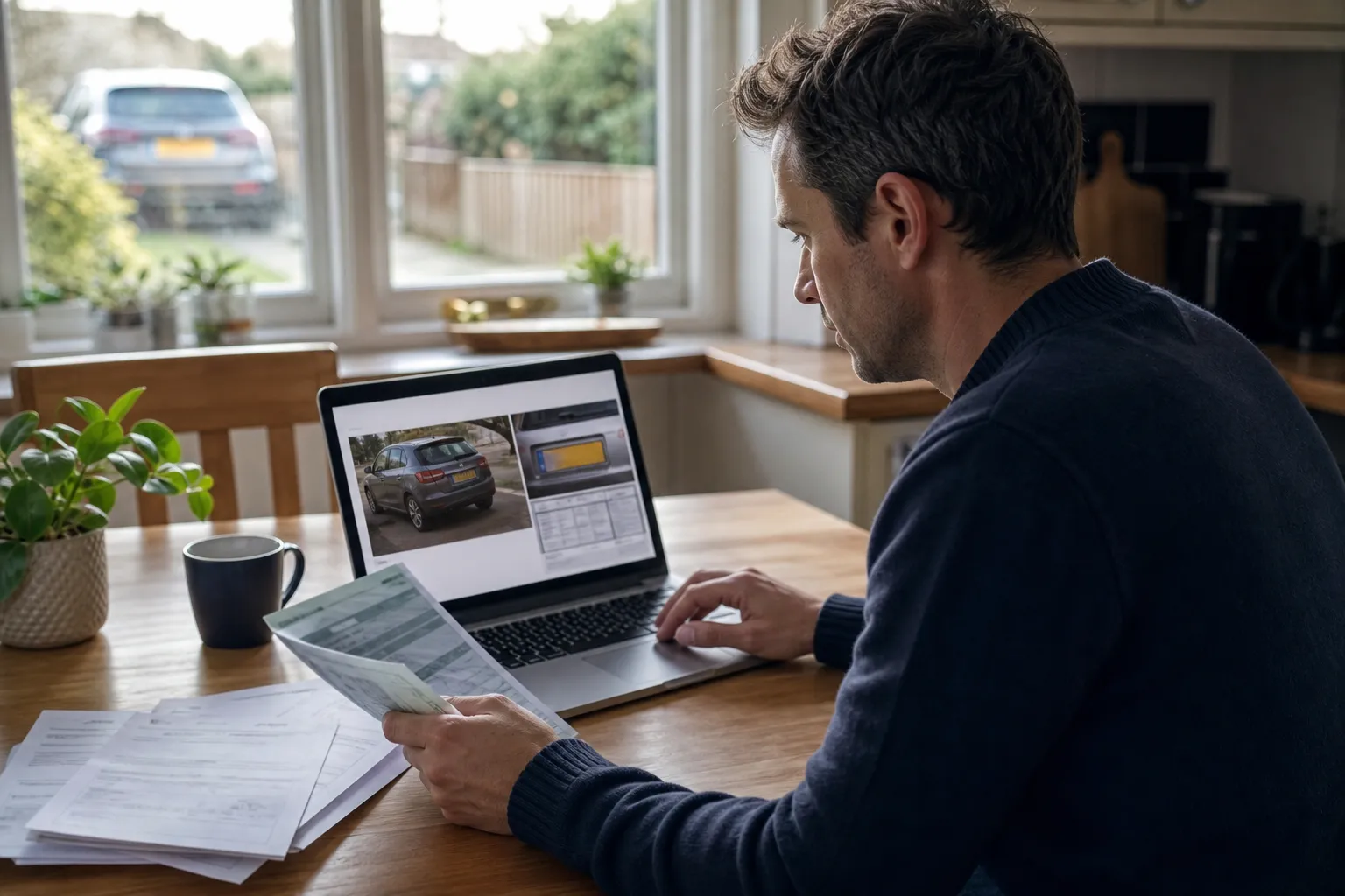 person checking car details on a laptop
