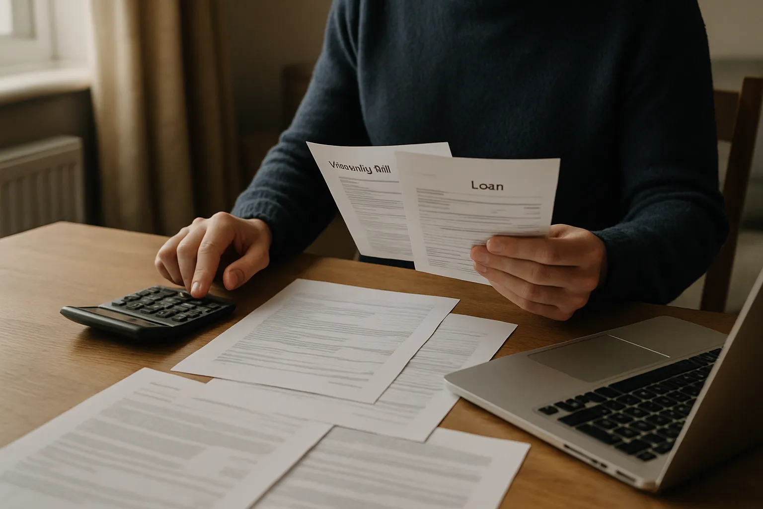 person comparing bills and loan paperwork at home