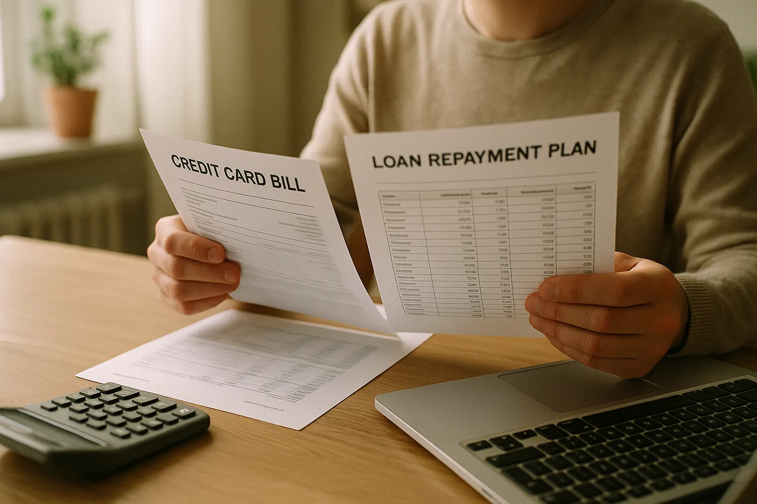 person comparing bills with calculator and laptop