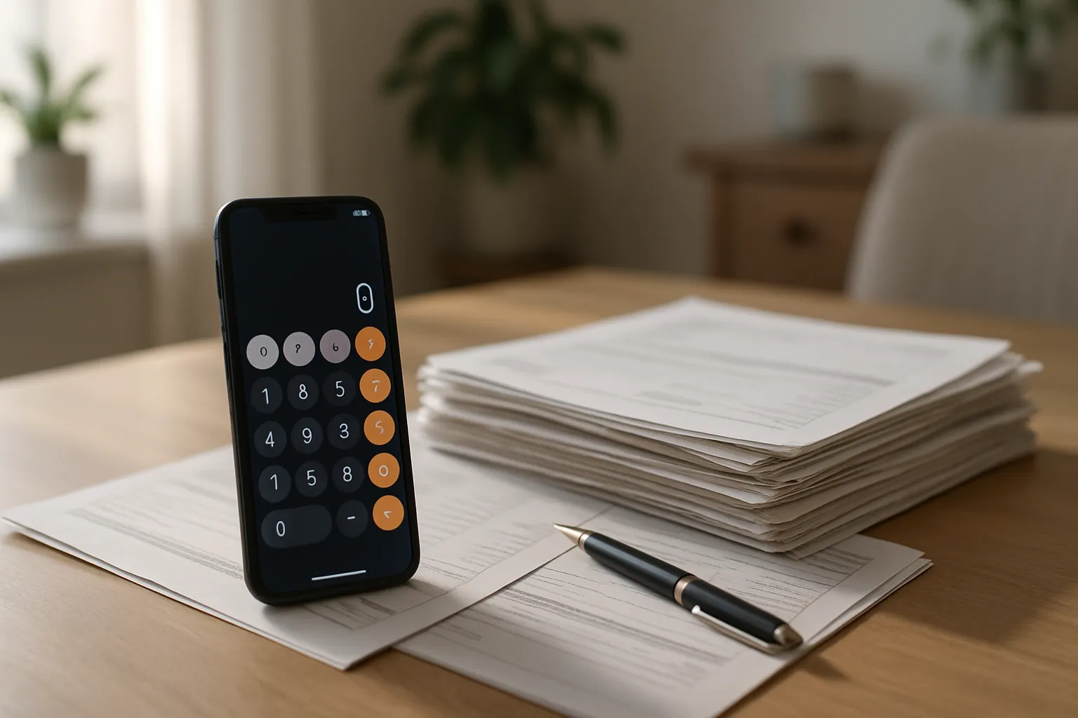 phone calculator and paperwork on a table