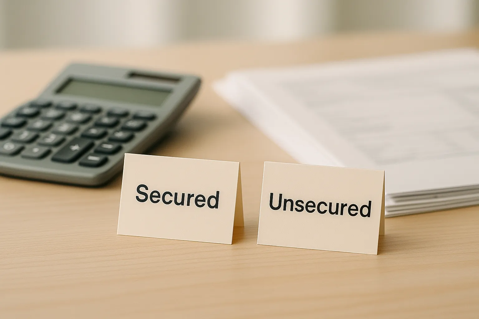 secured and unsecured notes beside a calculator