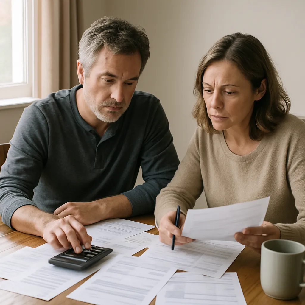 two adults discussing household finances at a table