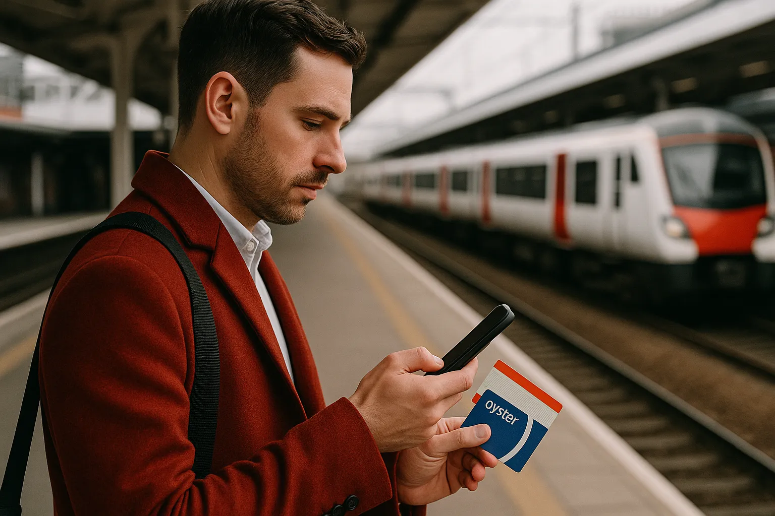commuter holding phone rail ticket and oyster card at a train platform