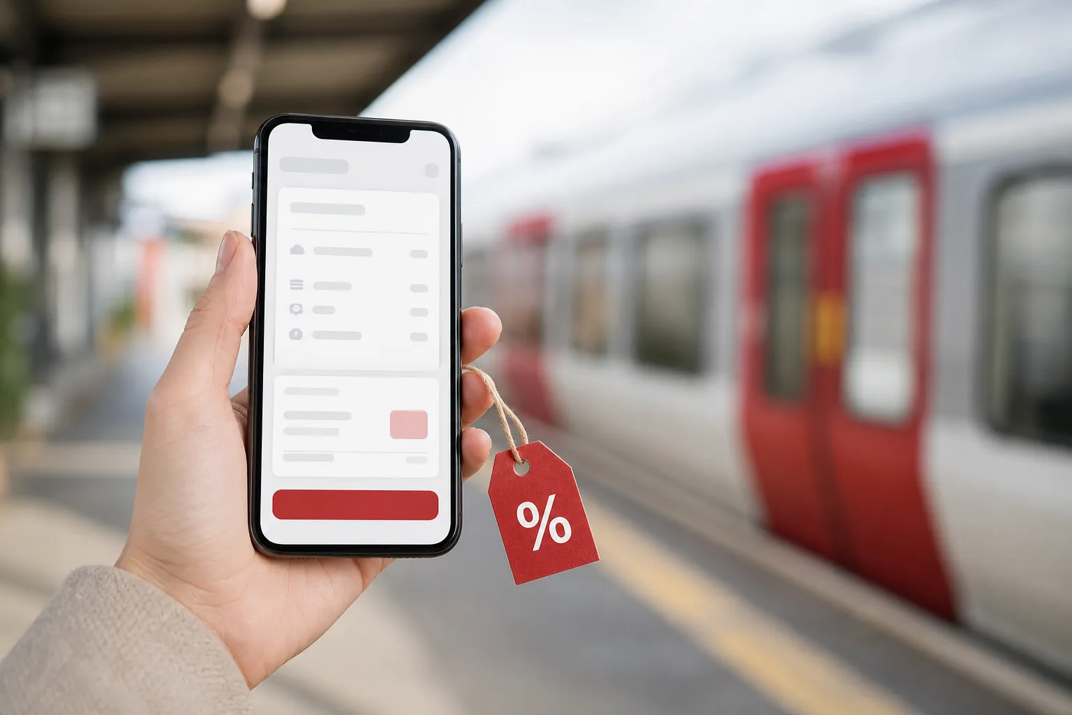 hand holding phone at train station