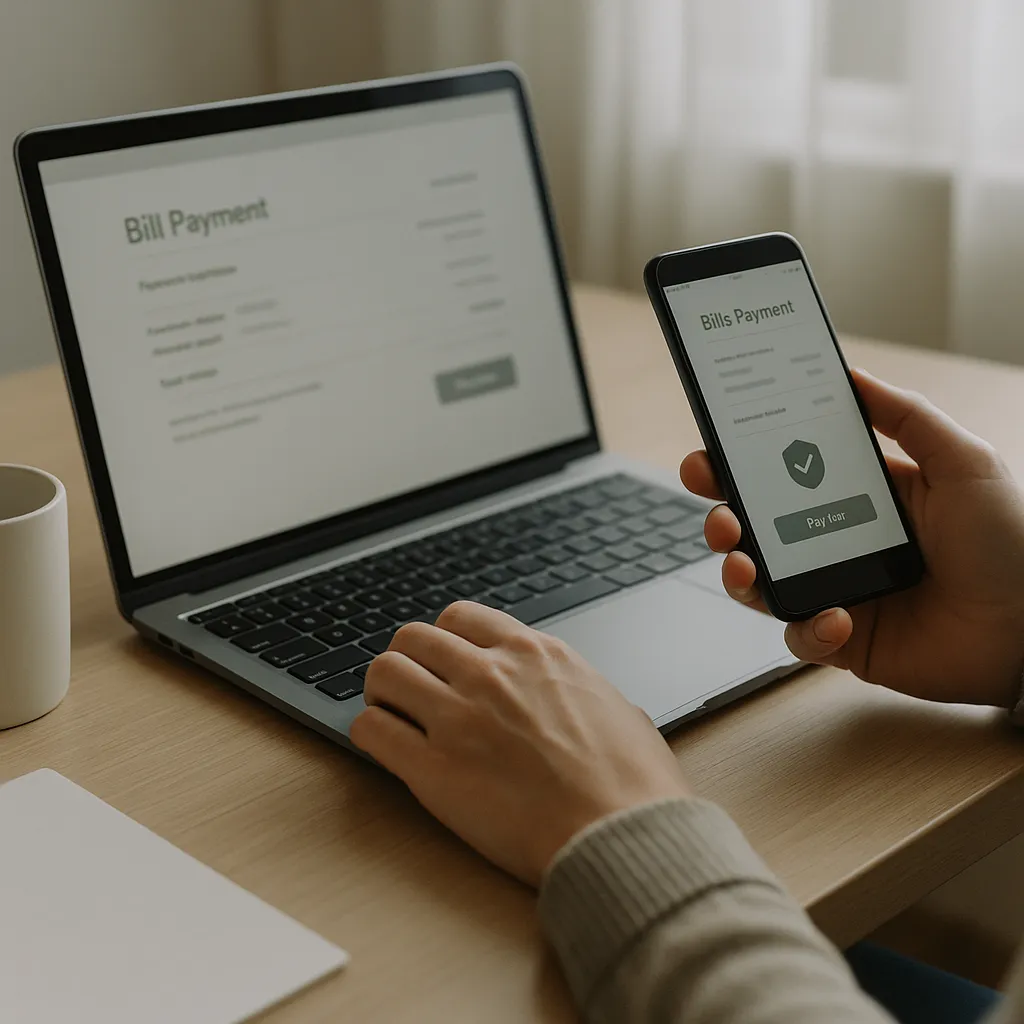 hands using laptop and phone for payment