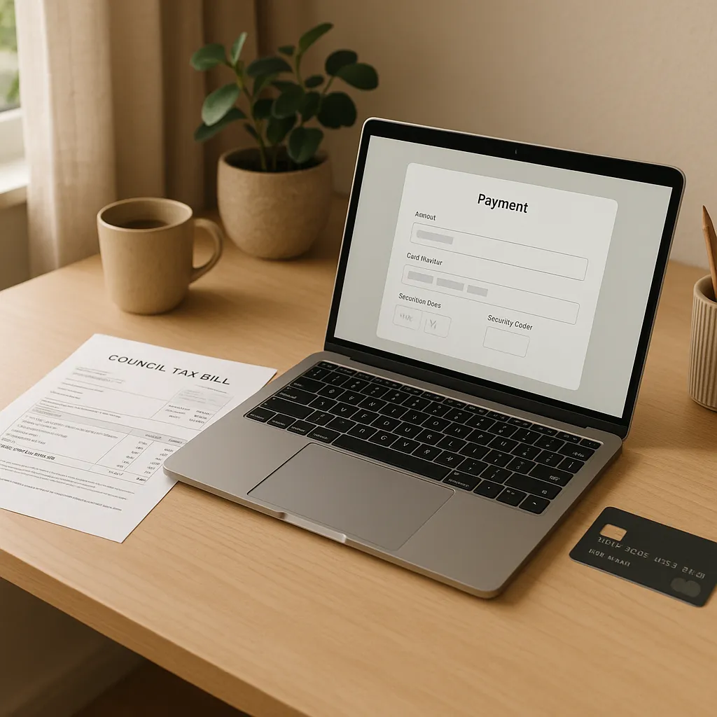laptop bill and bank card on home desk