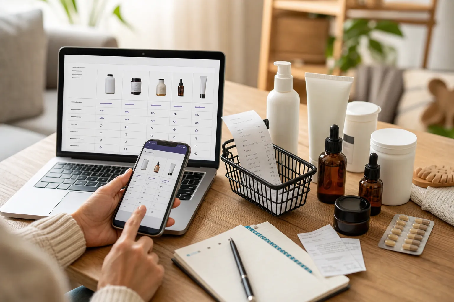 online shopping comparison with beauty products and receipts