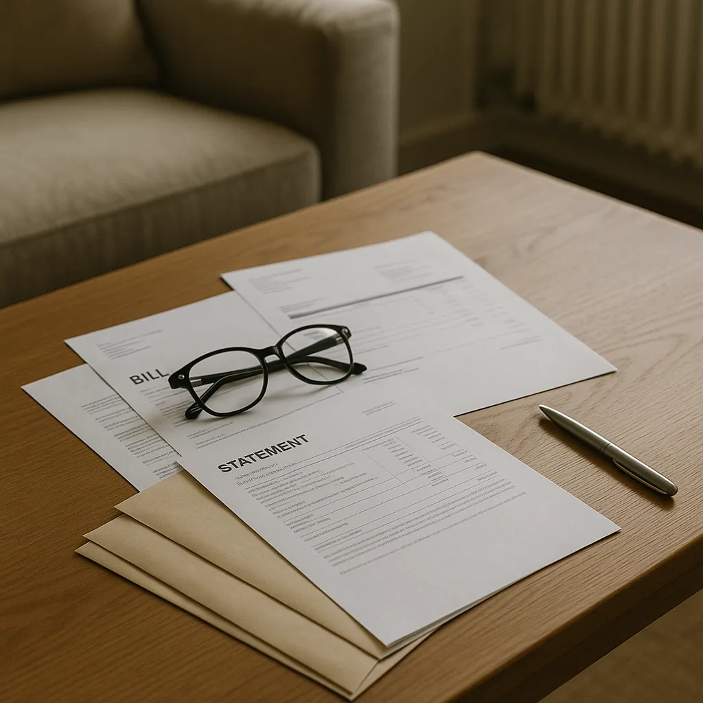paperwork and envelopes on wooden table