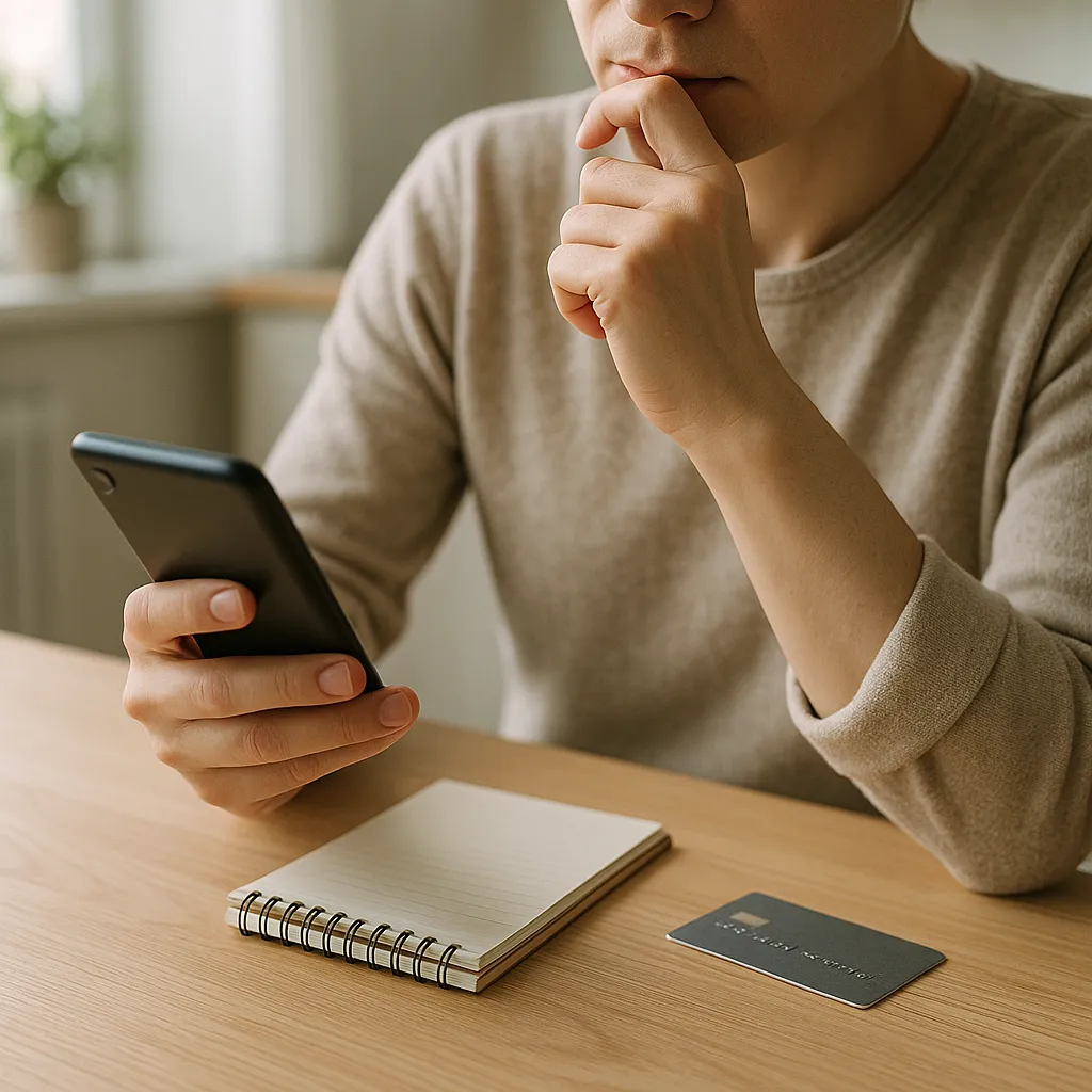 person pausing before buying on a phone at a table