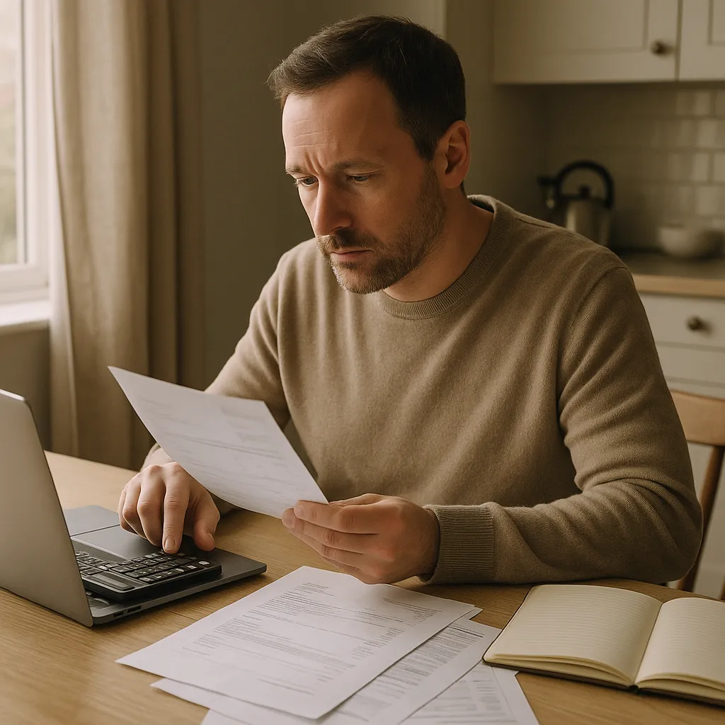person reviewing bills on laptop at table