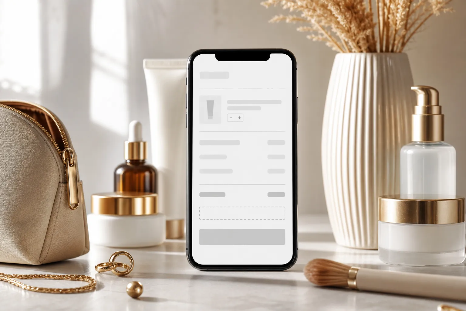 phone checkout with beauty items beside it
