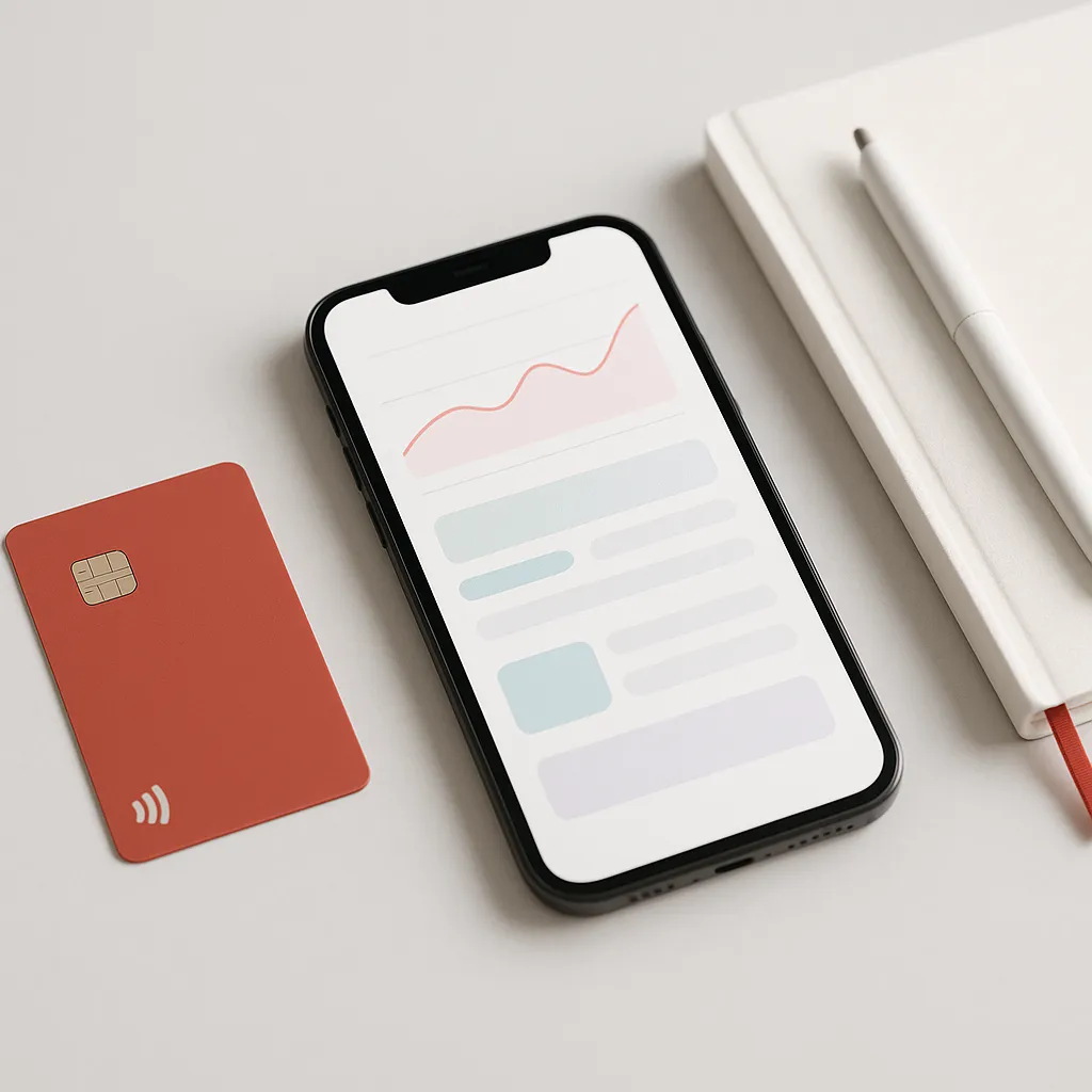 smartphone bank card notebook and pen on a light desk