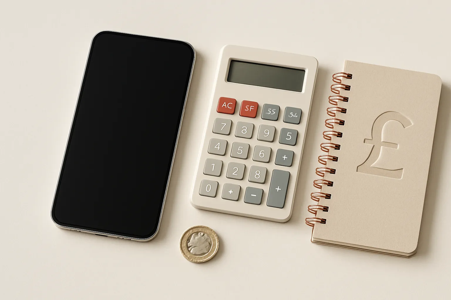 smartphone calculator and notebook on a light desk