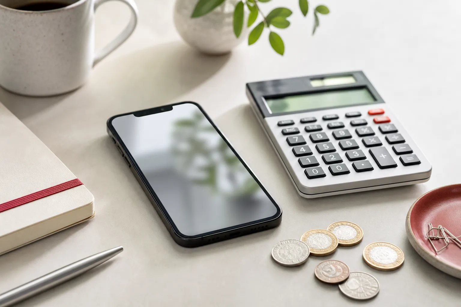 smartphone calculator notebook and coins on a light desk