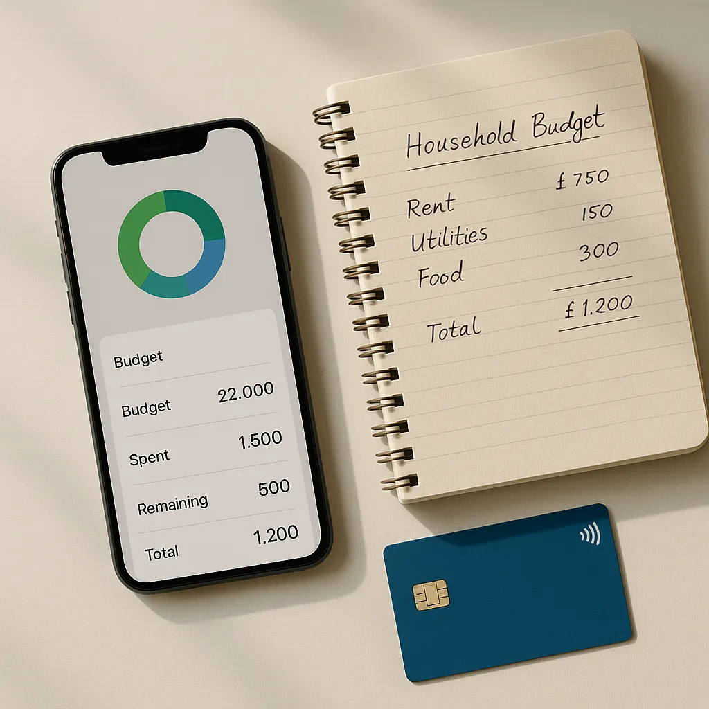 smartphone notebook and bank card on a light desk