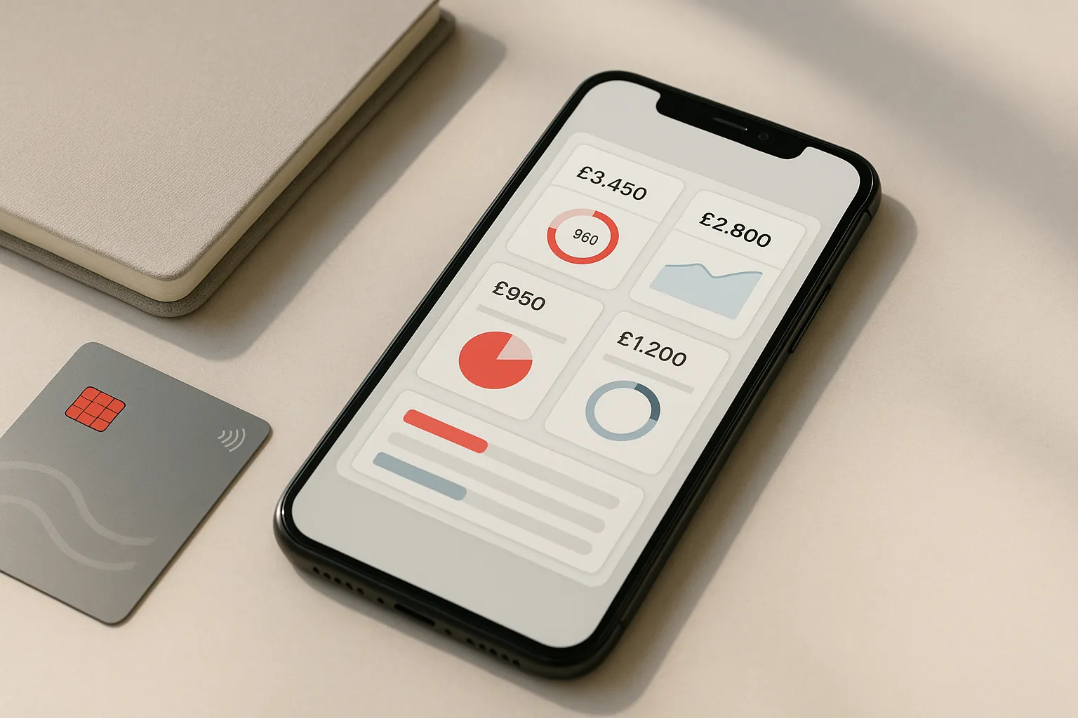 smartphone notebook and bank card on a light desk
