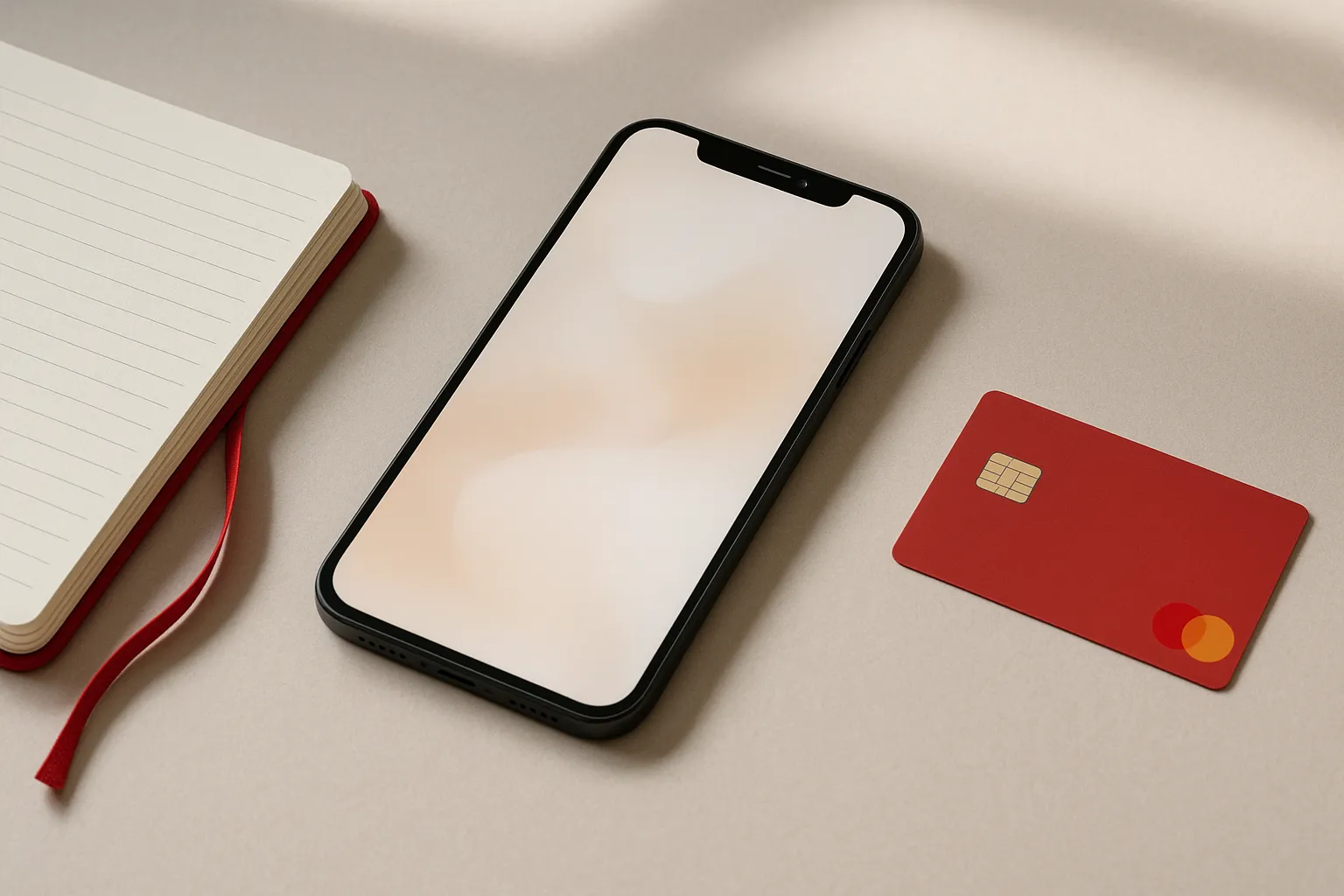 smartphone notebook and bank card on a light desk
