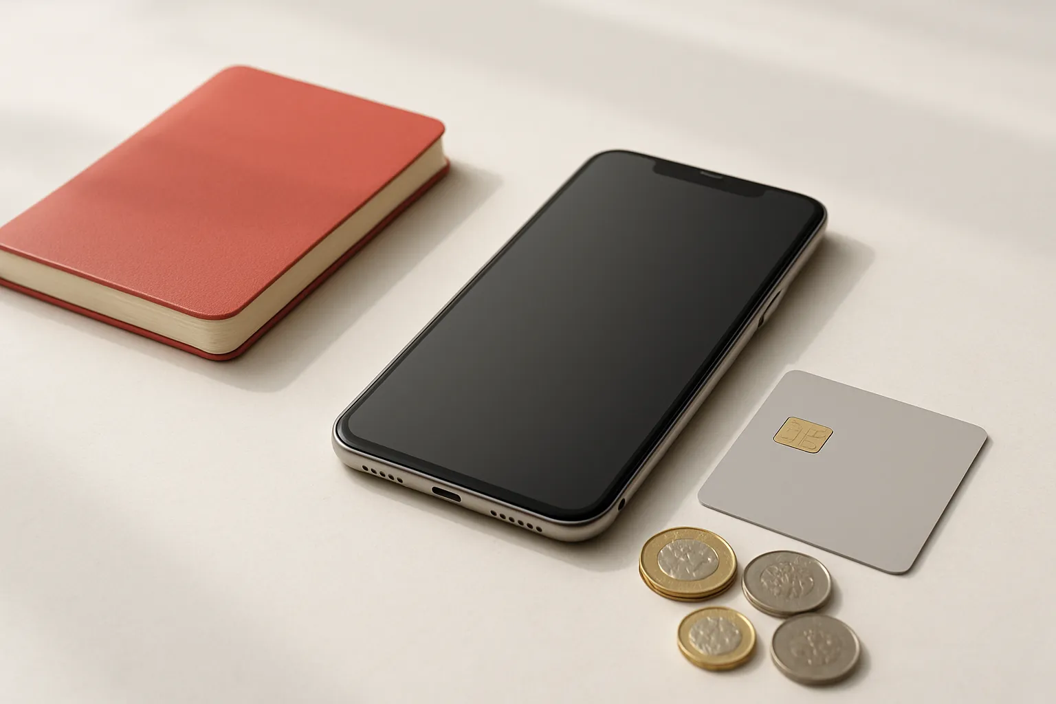 smartphone notebook bank card and coins on a light desk