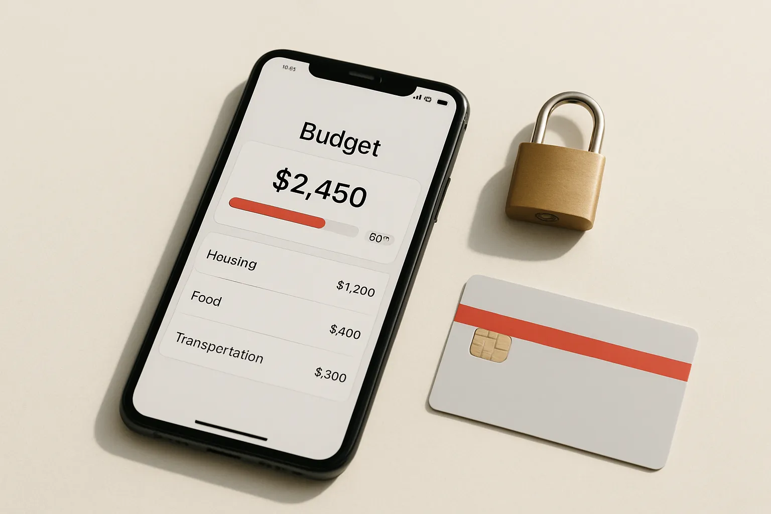 smartphone padlock and bank card on a light surface