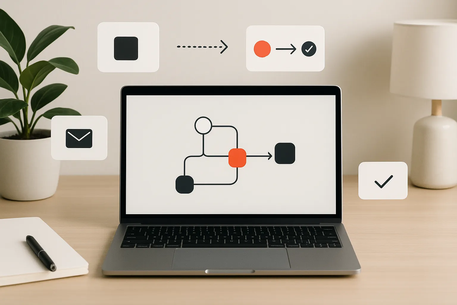 startup desk with laptop showing workflow automation diagram