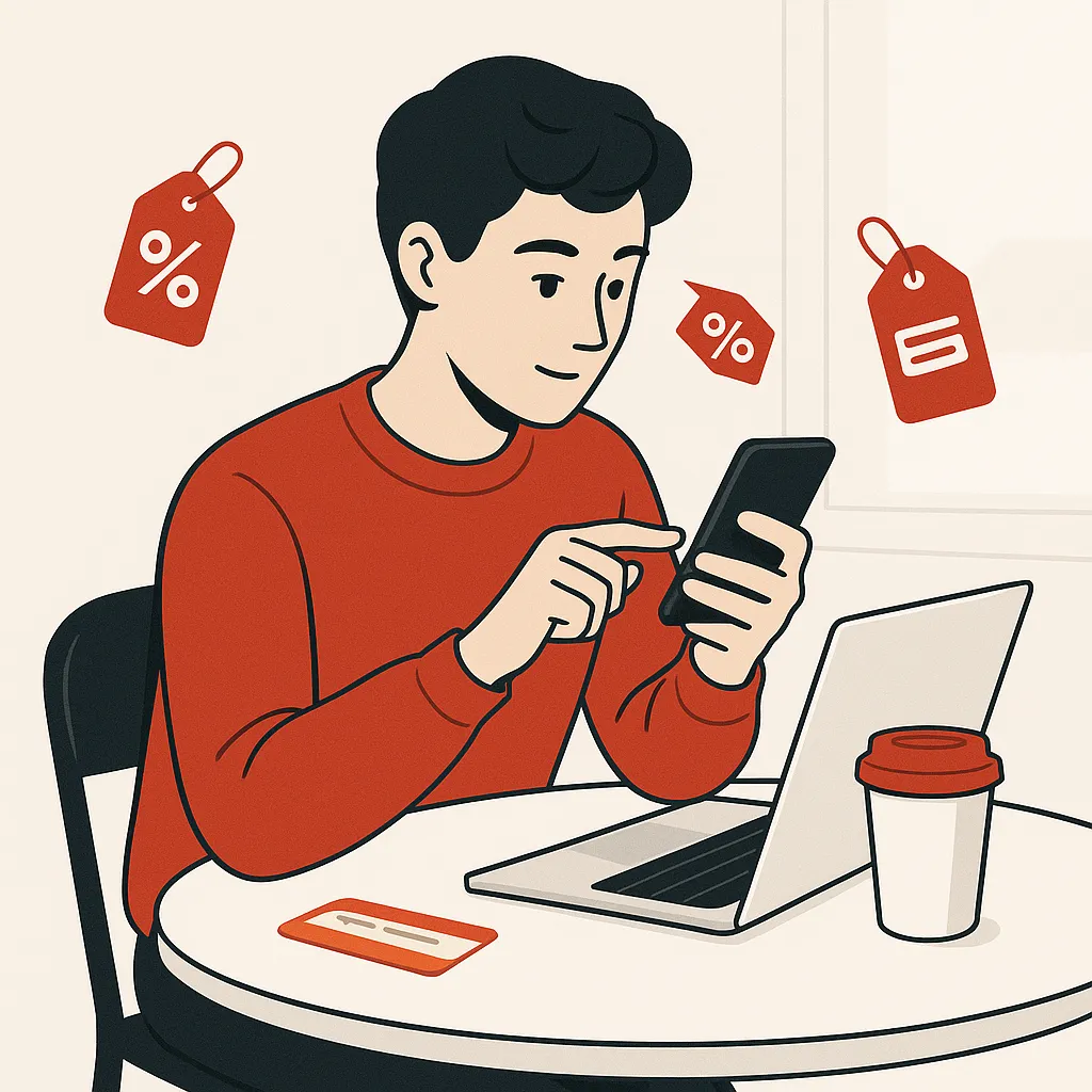 student comparing prices on a phone at a cafe table