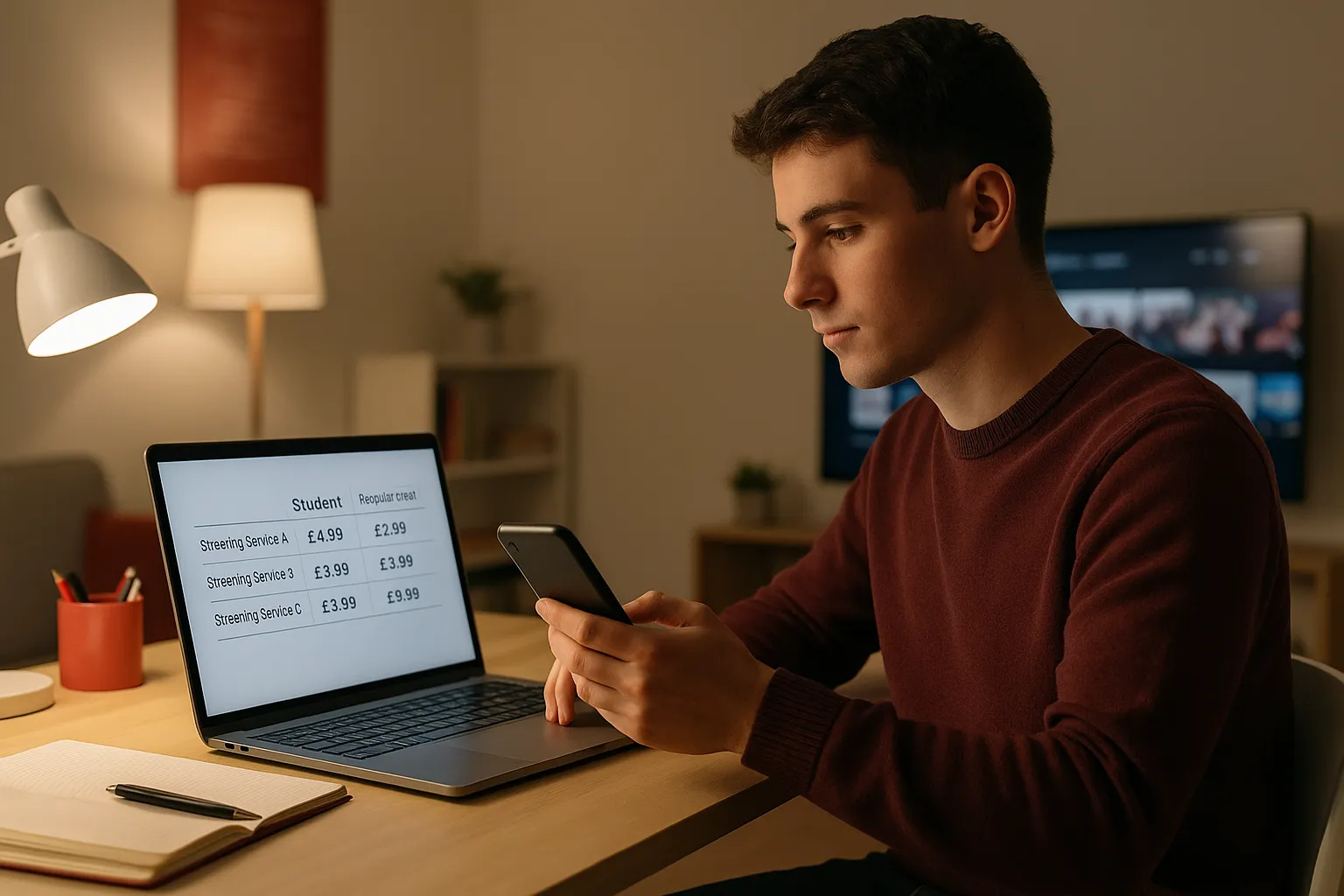 student comparing streaming subscription costs at a desk