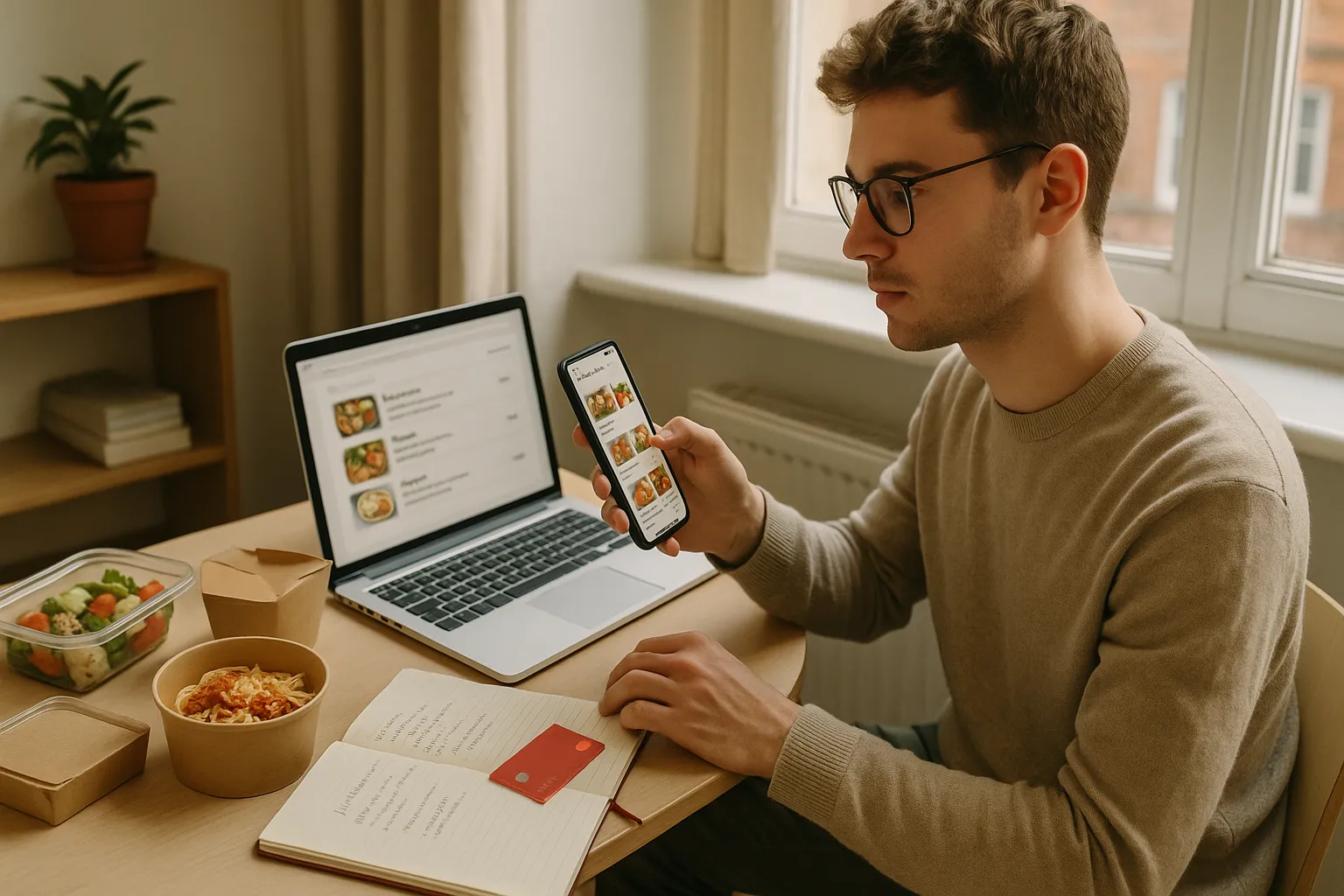 student comparing takeaway prices on phone and laptop at desk