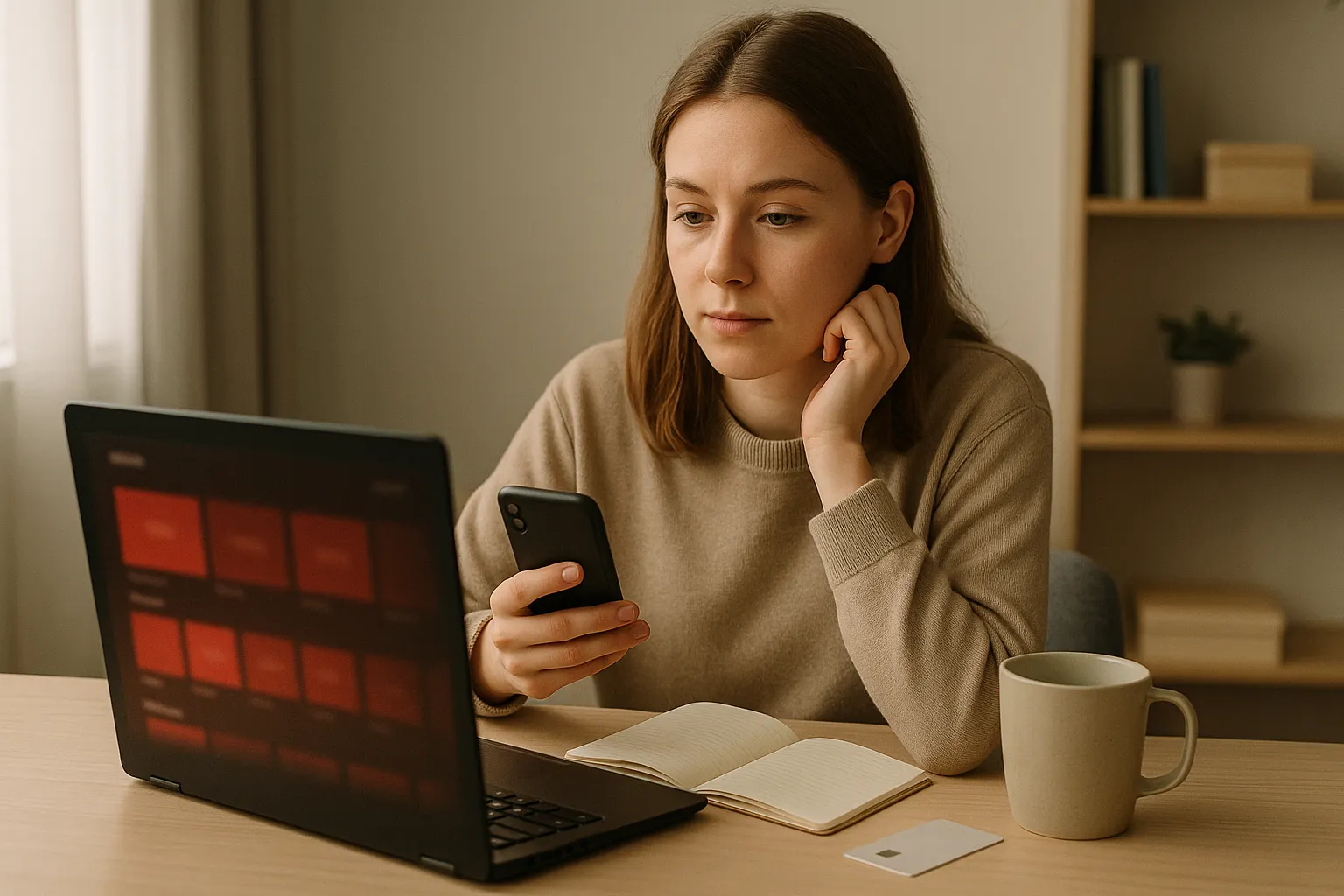 student watching streaming content while checking costs at desk