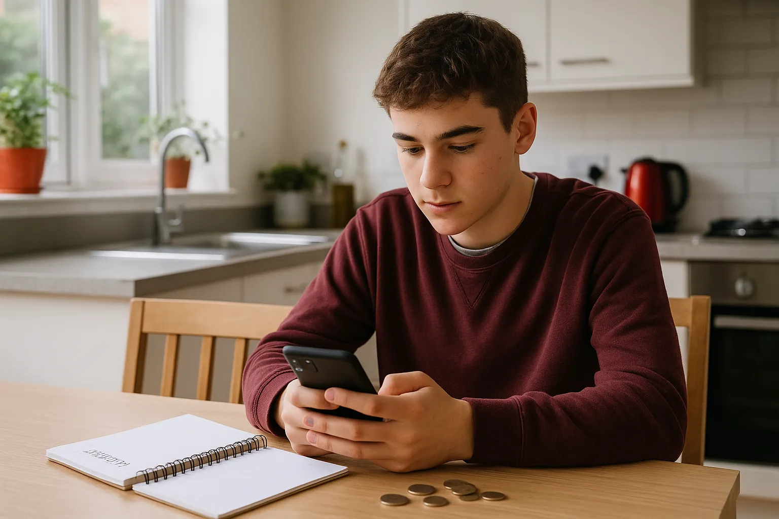 teen using a phone at a table with a budget notebook and coins