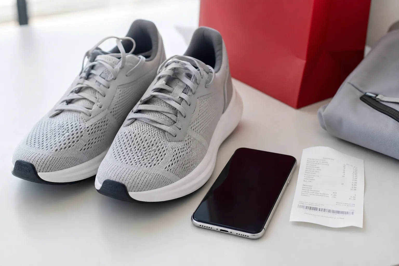 trainers beside a smartphone and receipt
