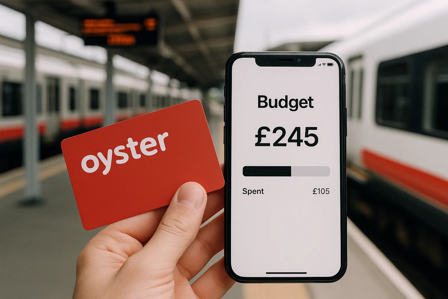 uk commuter train platform with travel card and phone